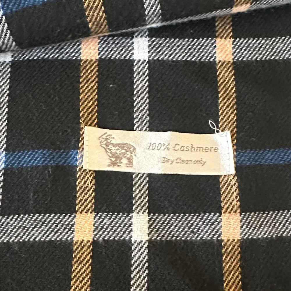 100% Cashmere Black and Blue Plaid Scarf with Fringe